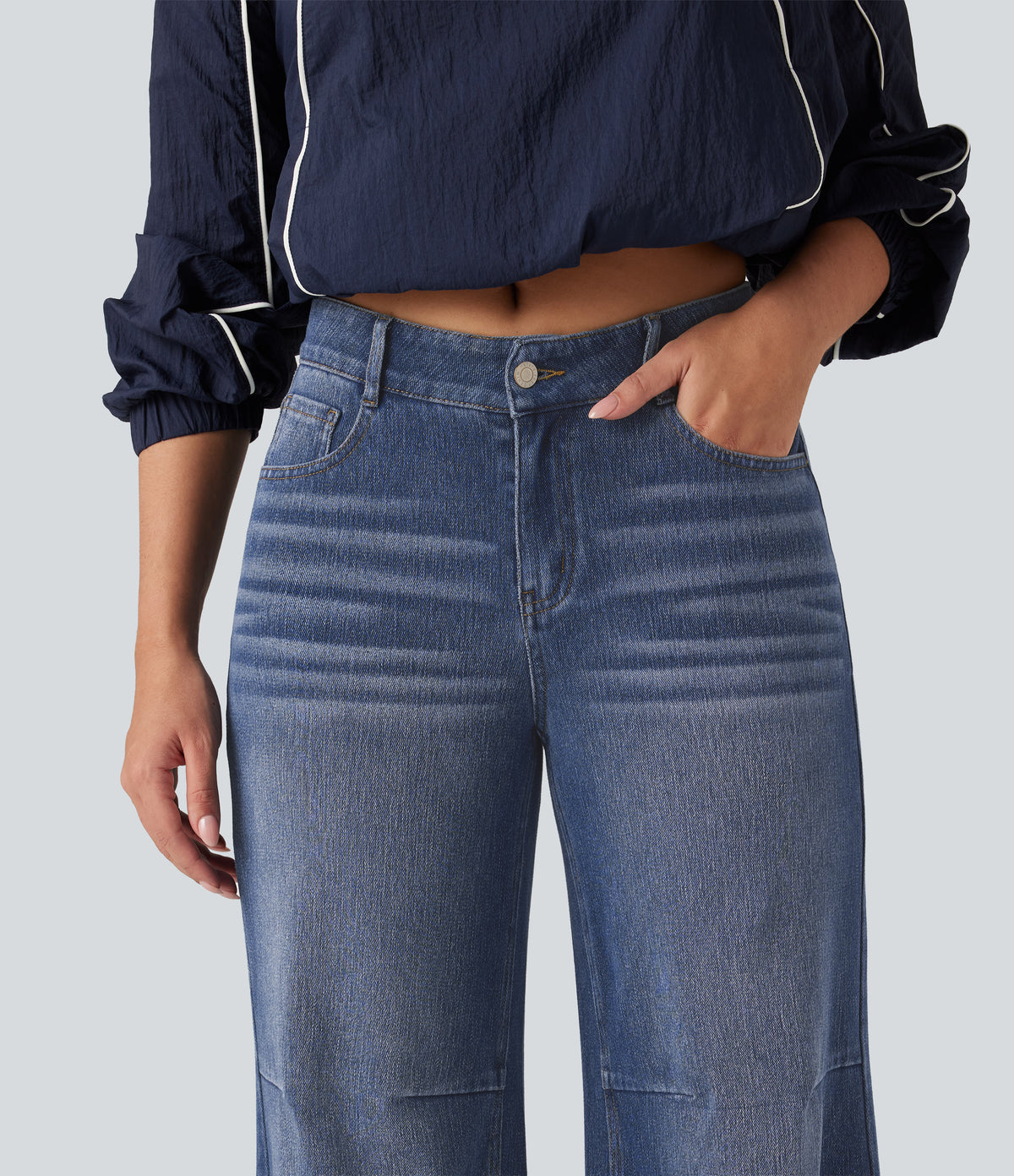 High Waisted V Shaped Wide Leg Casual Jeans with Pockets — Tide Blue Denim — view 4