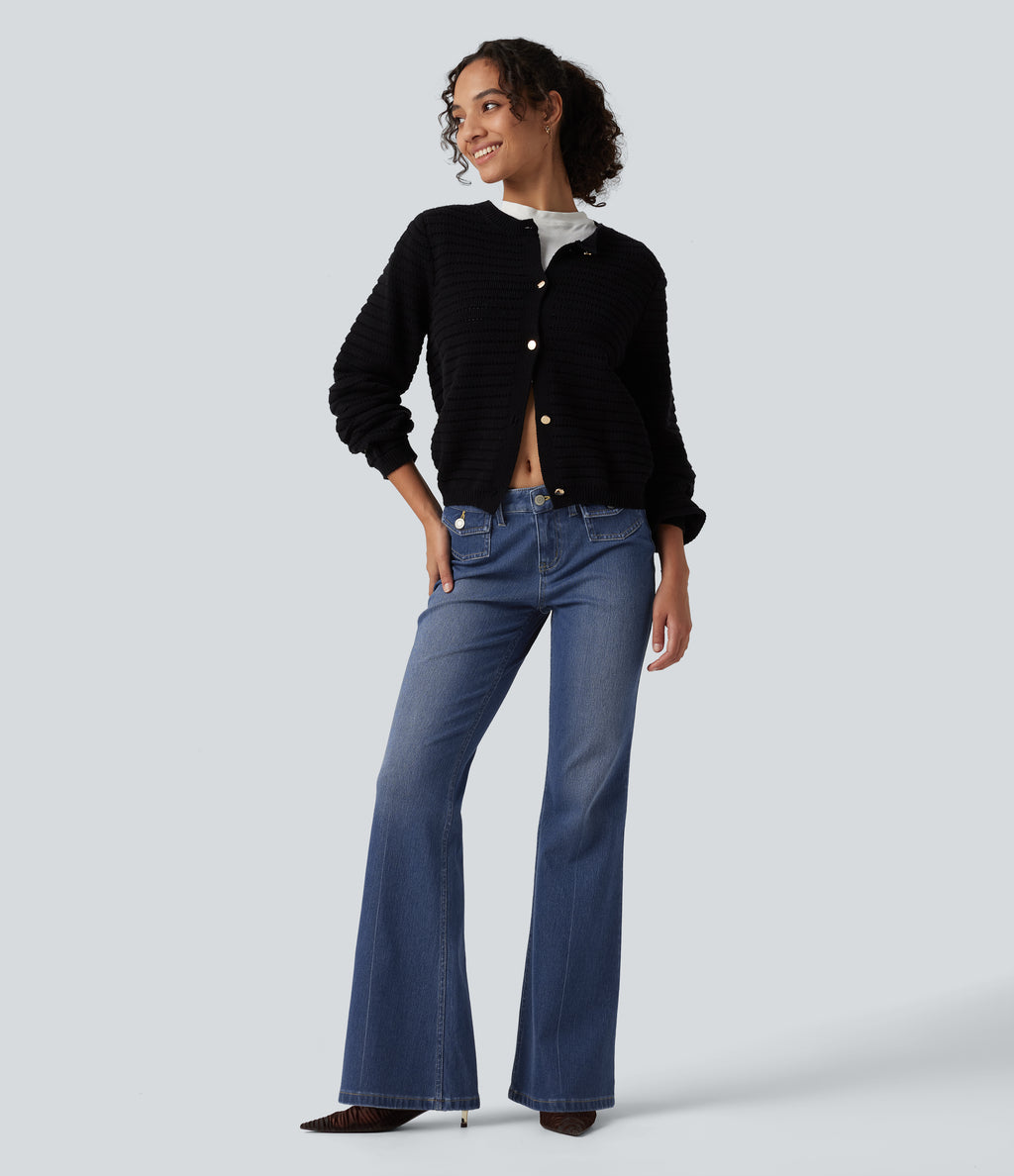 Low Rise Flare Casual Jeans with Pockets — Tide Blue Denim — view 7