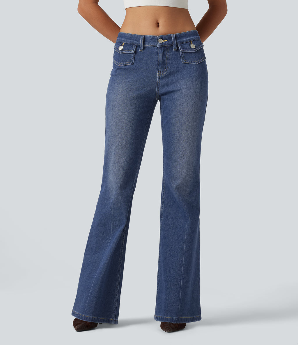 Low Rise Flare Casual Jeans with Pockets — Tide Blue Denim — view 3