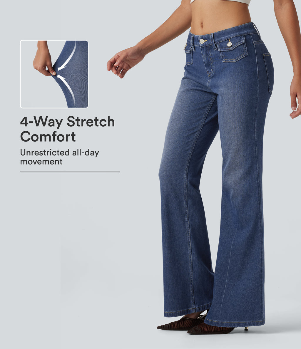 Low Rise Flare Casual Jeans with Pockets — Tide Blue Denim — view 1
