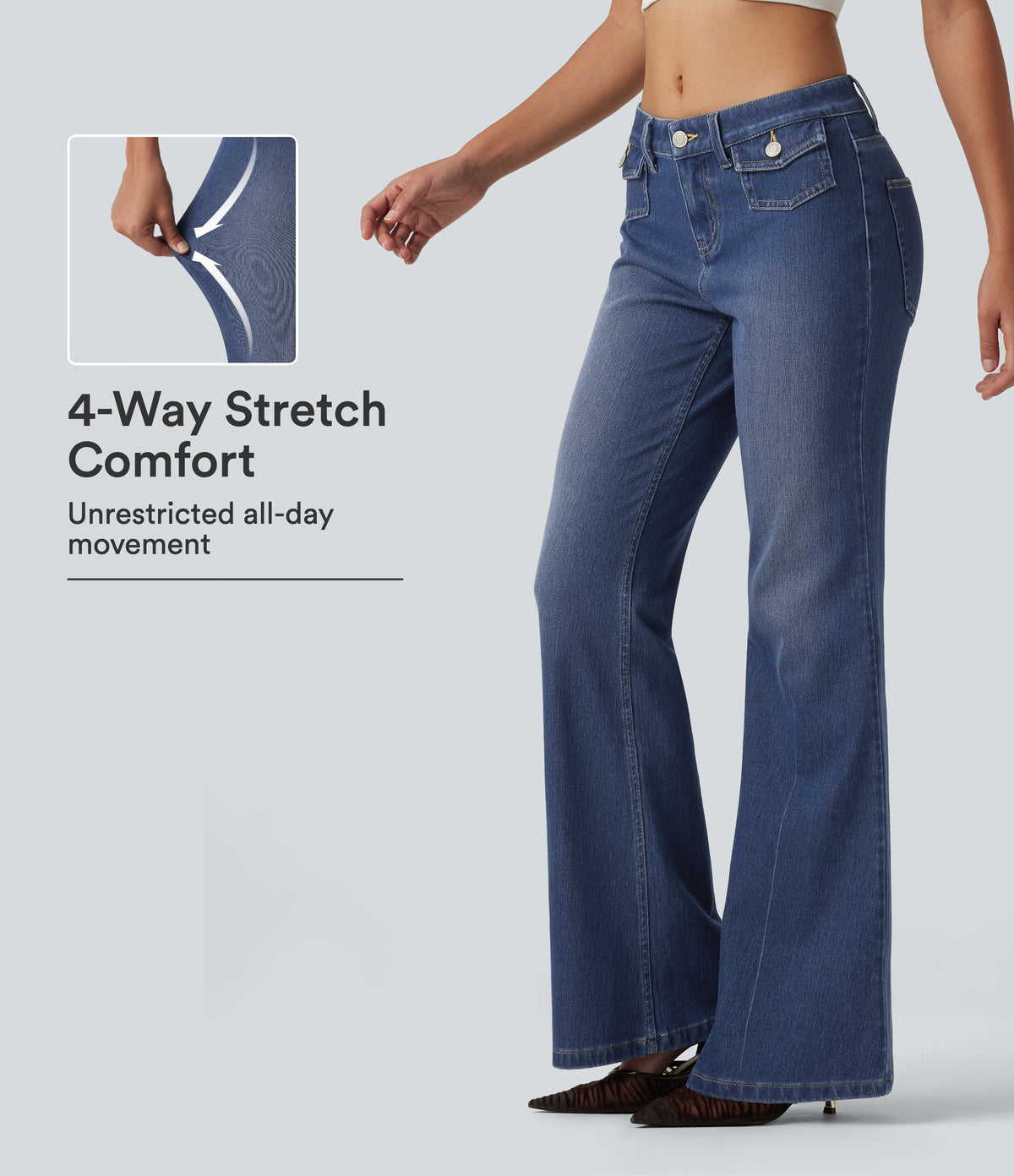 Low Rise Flare Casual Jeans with Pockets — Tide Blue Denim — view 1