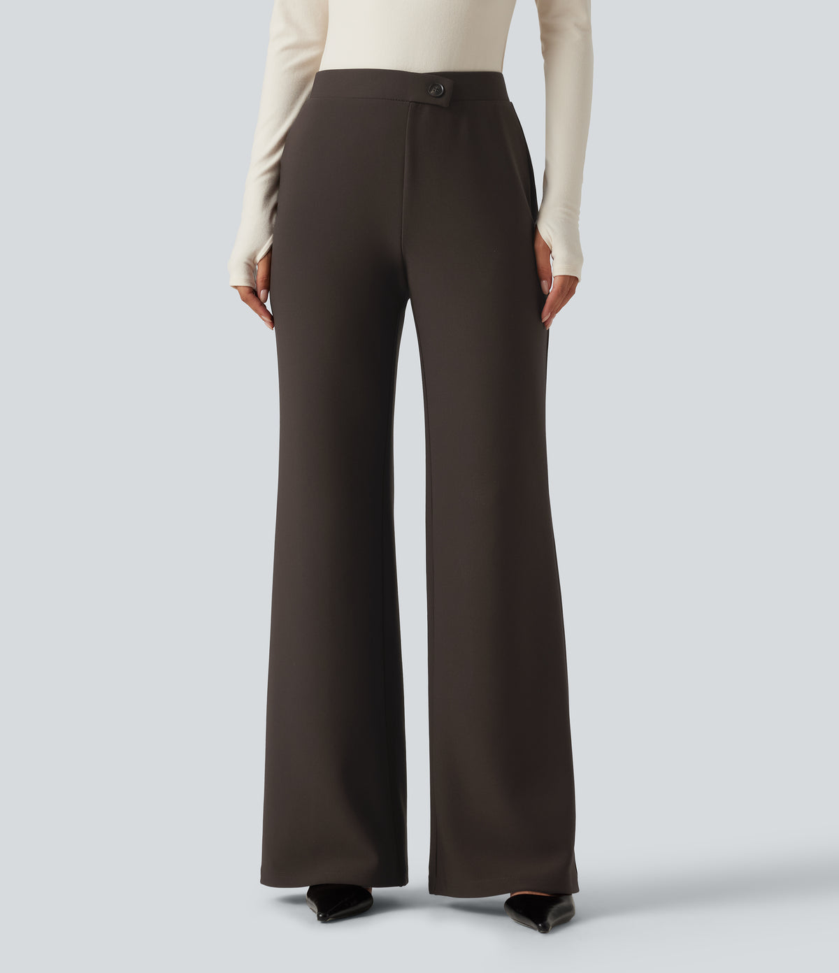 High Waisted Crossover Flare Work Trousers — Coffee Bean — view 3
