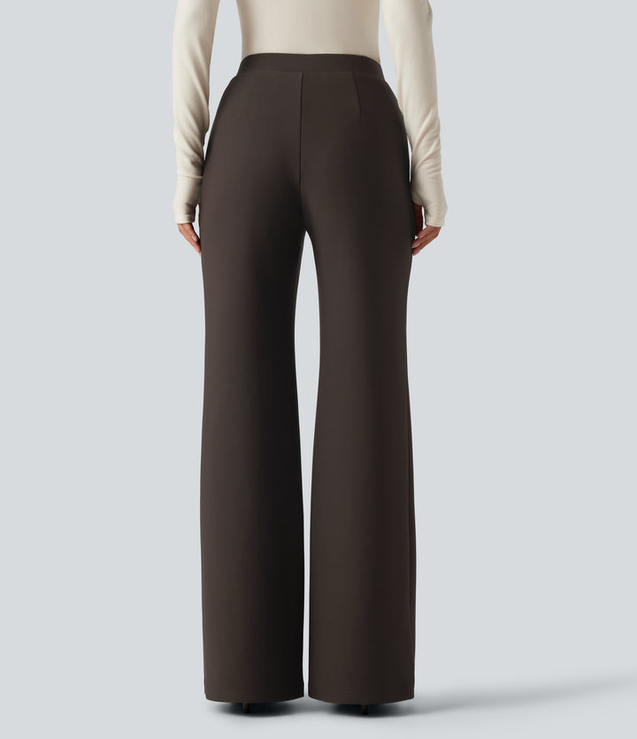 High Waisted Crossover Flare Work Trousers — Coffee Bean — view 2