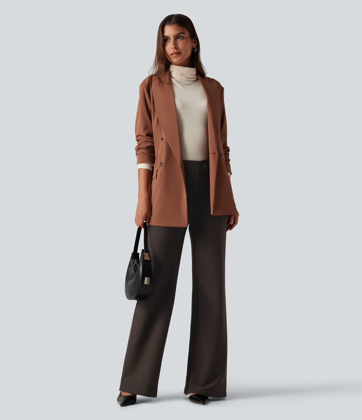 High Waisted Crossover Flare Work Trousers — Coffee Bean — view 7
