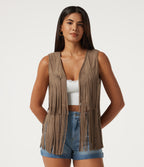 V Neck Open Front Fringe Suede Casual Vest — Coca Mocha — view 1