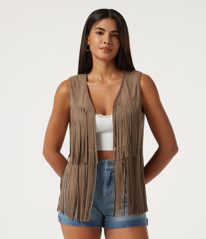 V Neck Open Front Fringe Suede Casual Vest — Coca Mocha — view 1