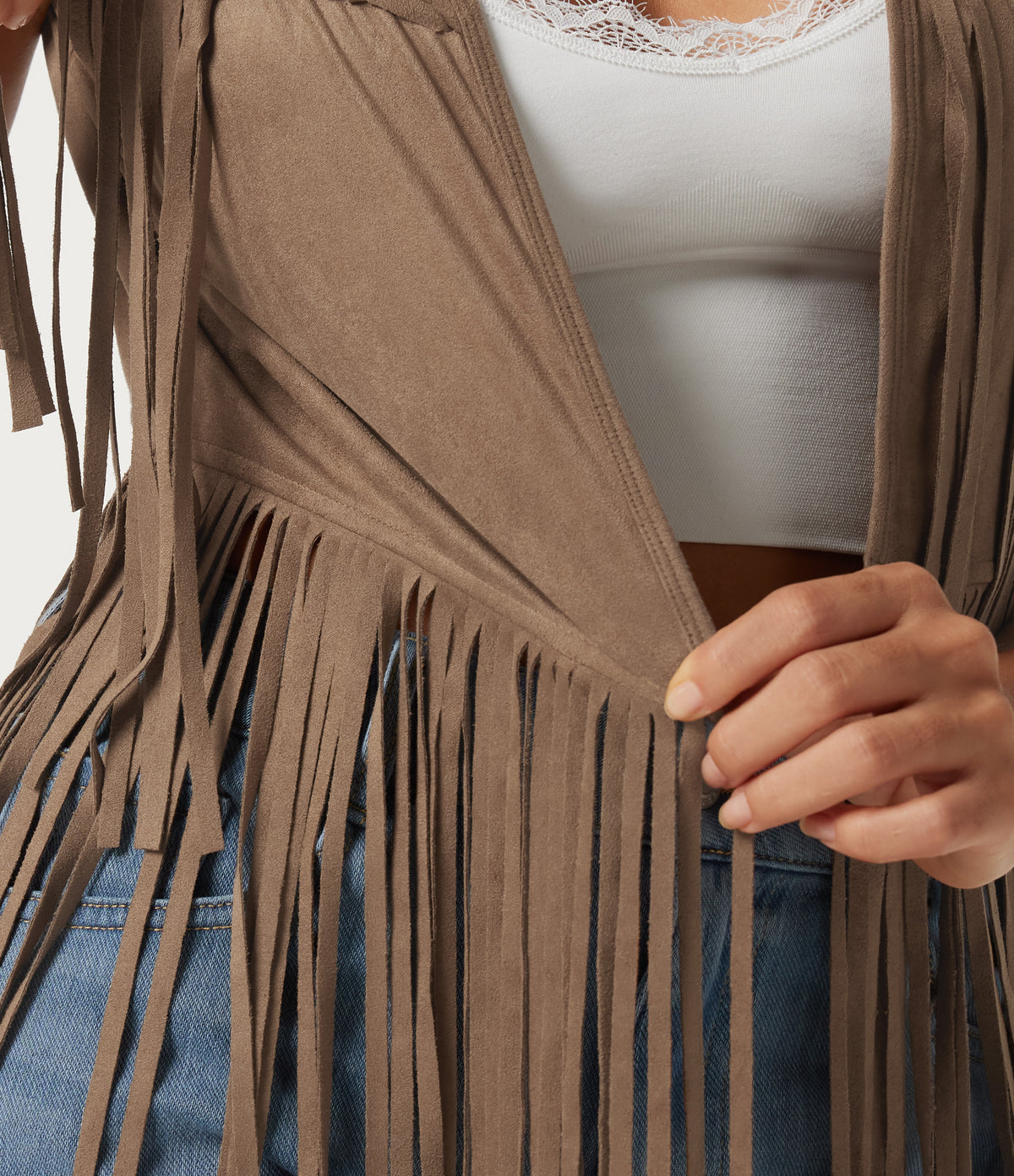 V Neck Open Front Fringe Suede Casual Vest — Coca Mocha — view 5