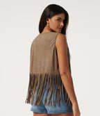 V Neck Open Front Fringe Suede Casual Vest — Coca Mocha — view 2
