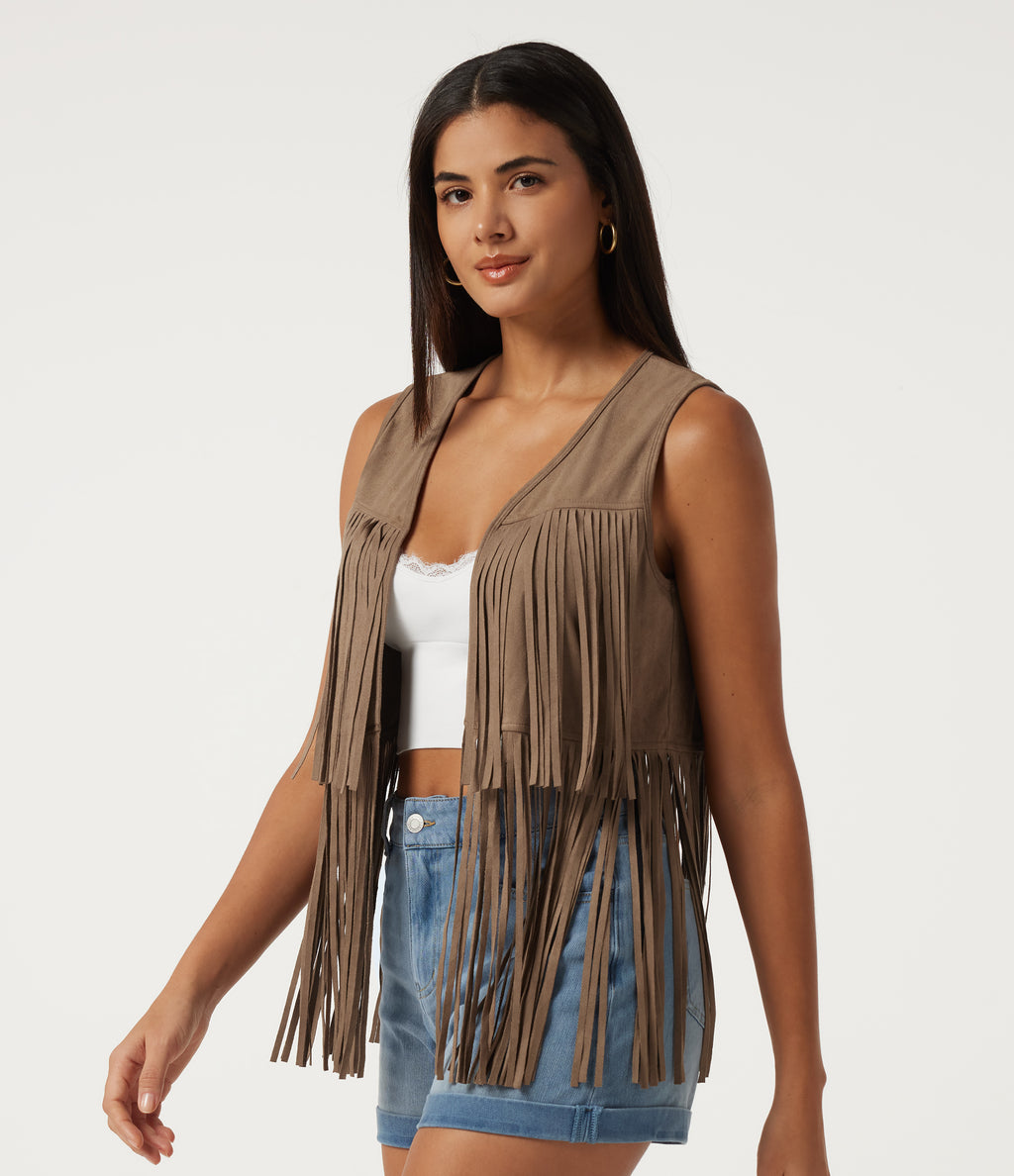 V Neck Open Front Fringe Suede Casual Vest — Coca Mocha — view 3