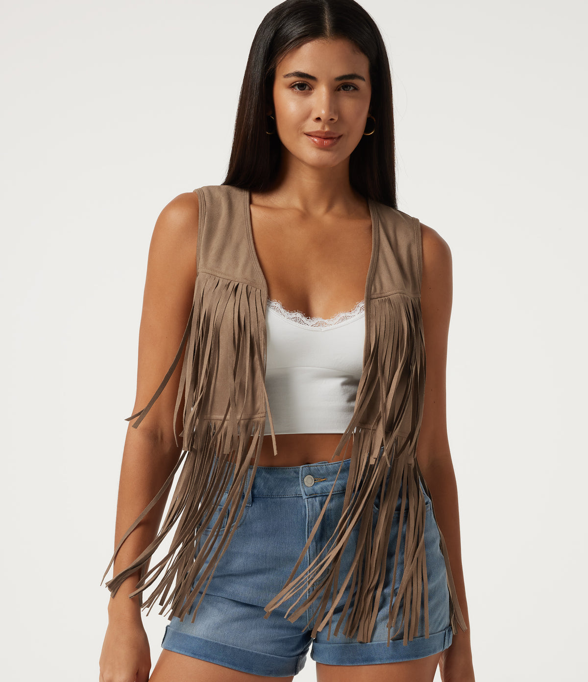 V Neck Open Front Fringe Suede Casual Vest — Coca Mocha — view 4