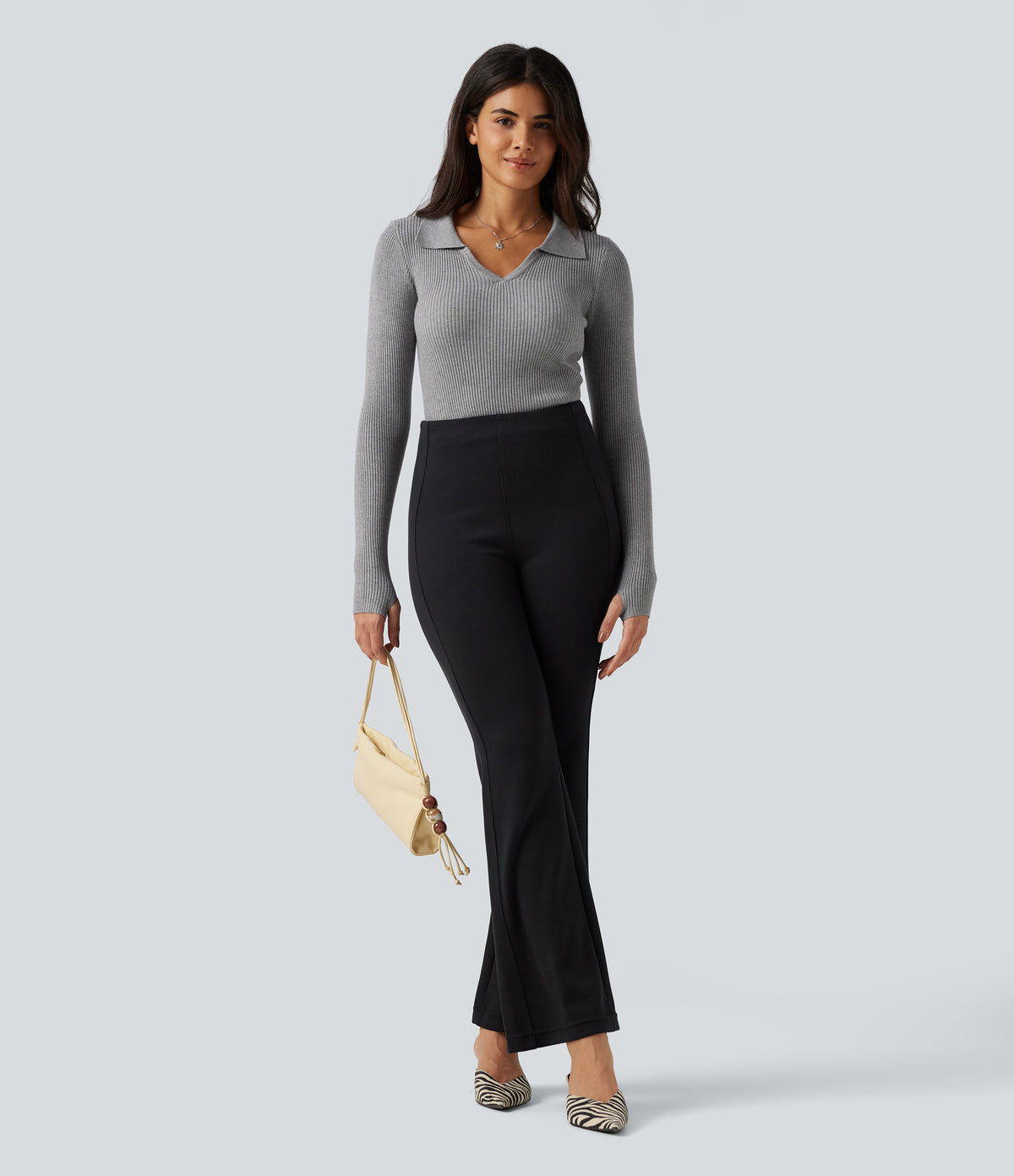Lapel Long Sleeve Thumb Hole Work Jumper — Grey — view 7