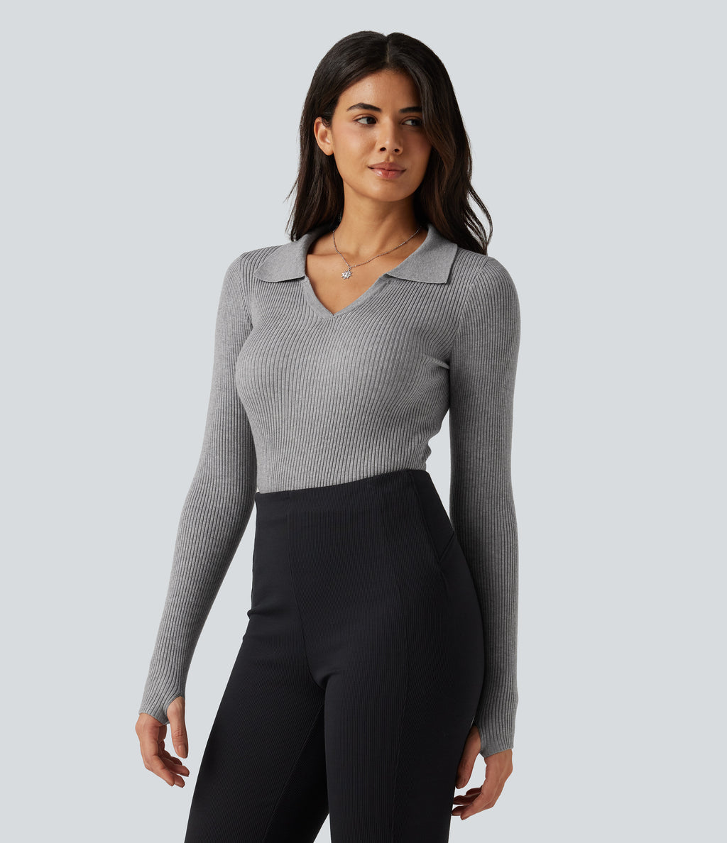 Lapel Long Sleeve Thumb Hole Work Jumper — Grey — view 3