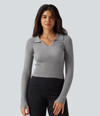Lapel Long Sleeve Thumb Hole Work Jumper — Grey — view 1