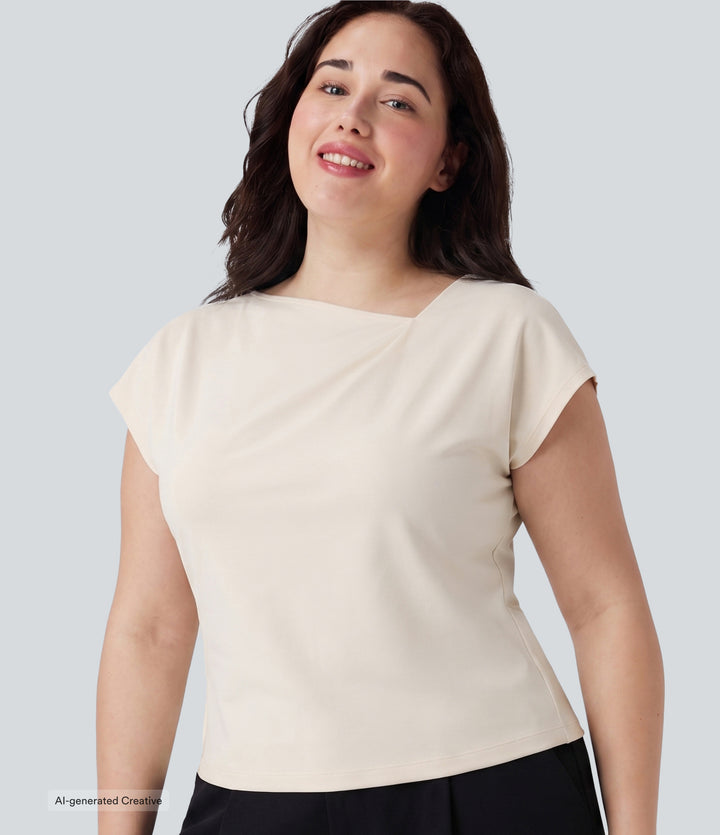 Plus Size Asymmetric Cowl Neck Short Sleeve Ruched Split Hem Work Blouse — White — view 1