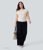 Plus Size Asymmetric Cowl Neck Short Sleeve Ruched Split Hem Work Blouse — White — view 5