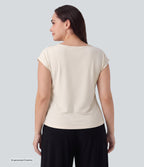 Plus Size Asymmetric Cowl Neck Short Sleeve Ruched Split Hem Work Blouse — White — view 2
