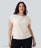 Plus Size Asymmetric Cowl Neck Short Sleeve Ruched Split Hem Work Blouse — White — view 3