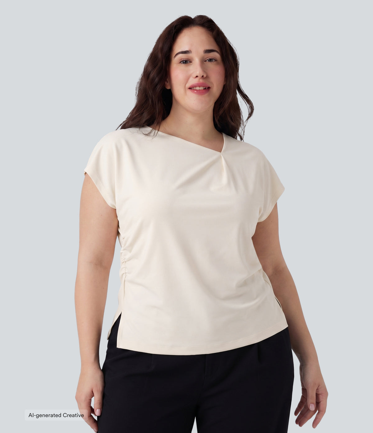 Plus Size Asymmetric Cowl Neck Short Sleeve Ruched Split Hem Work Blouse — White — view 3