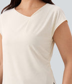 Plus Size Asymmetric Cowl Neck Short Sleeve Ruched Split Hem Work Blouse — White — view 4