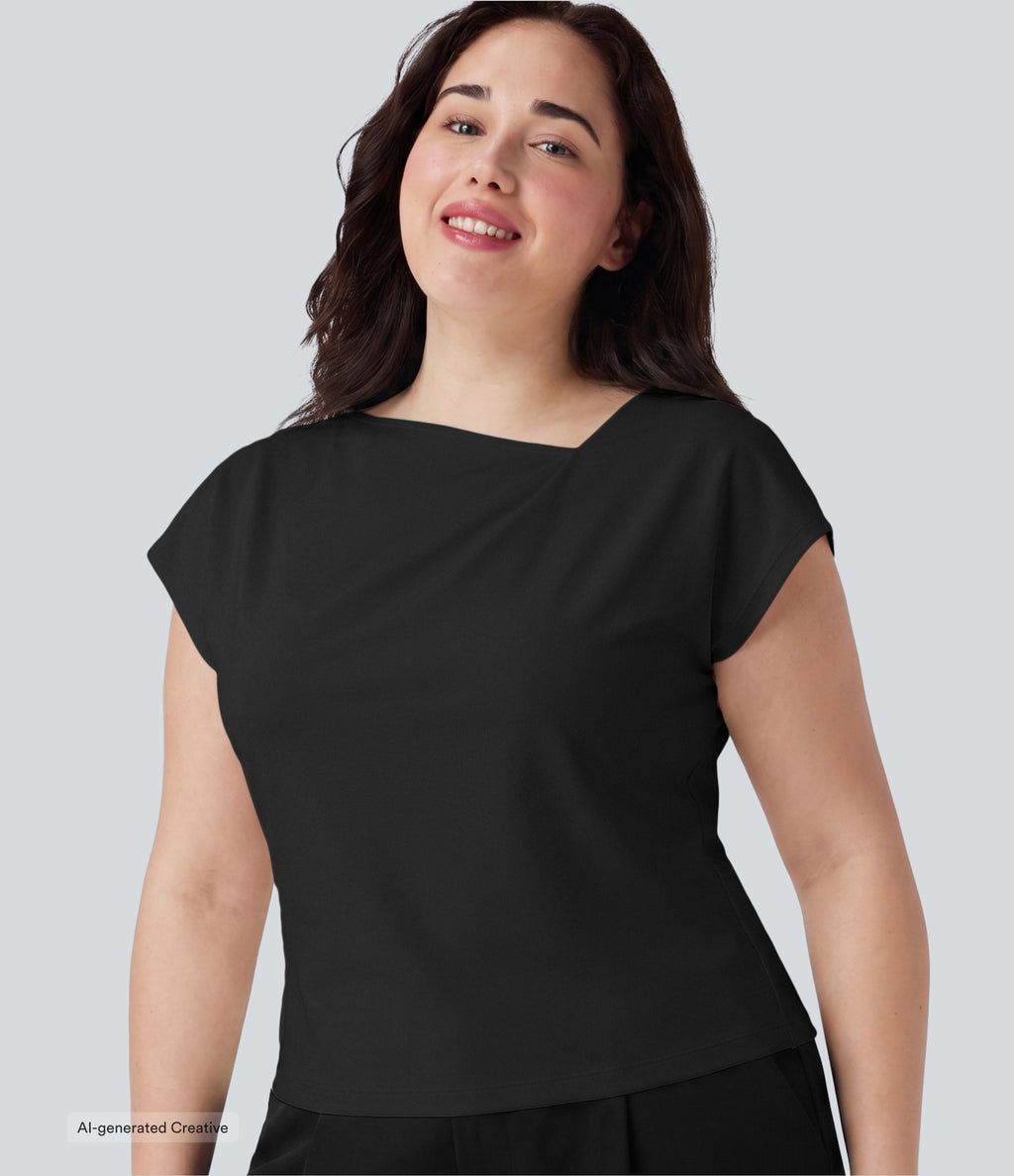 Plus Size Asymmetric Cowl Neck Short Sleeve Ruched Split Hem Work Blouse — Black — view 6
