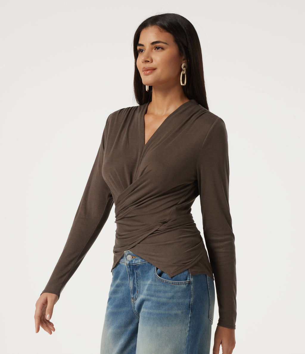 V Neck Long Sleeve Tie Back Crossover Hem Casual Top — Coffee Quartz — view 3