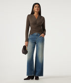 V Neck Long Sleeve Tie Back Crossover Hem Casual Top — Coffee Quartz — view 7