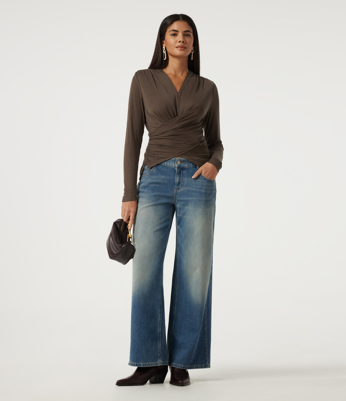 V Neck Long Sleeve Tie Back Crossover Hem Casual Top — Coffee Quartz — view 7