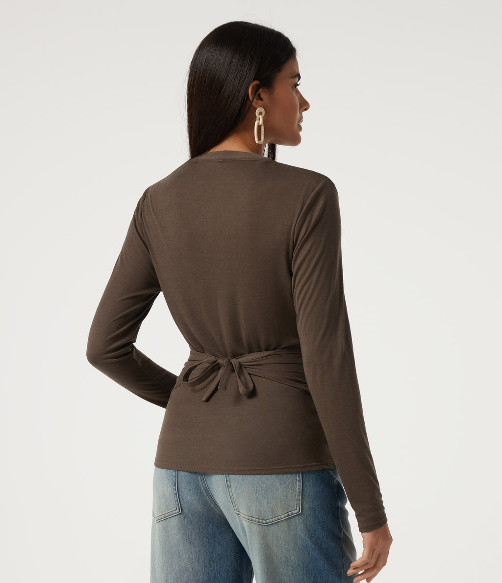 V Neck Long Sleeve Tie Back Crossover Hem Casual Top — Coffee Quartz — view 2