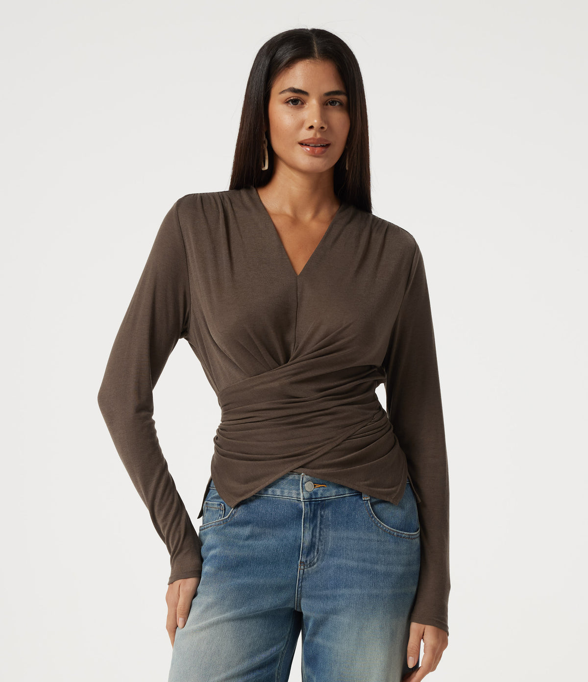 V Neck Long Sleeve Tie Back Crossover Hem Casual Top — Coffee Quartz — view 4