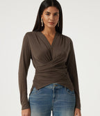 V Neck Long Sleeve Tie Back Crossover Hem Casual Top — Coffee Quartz — view 1