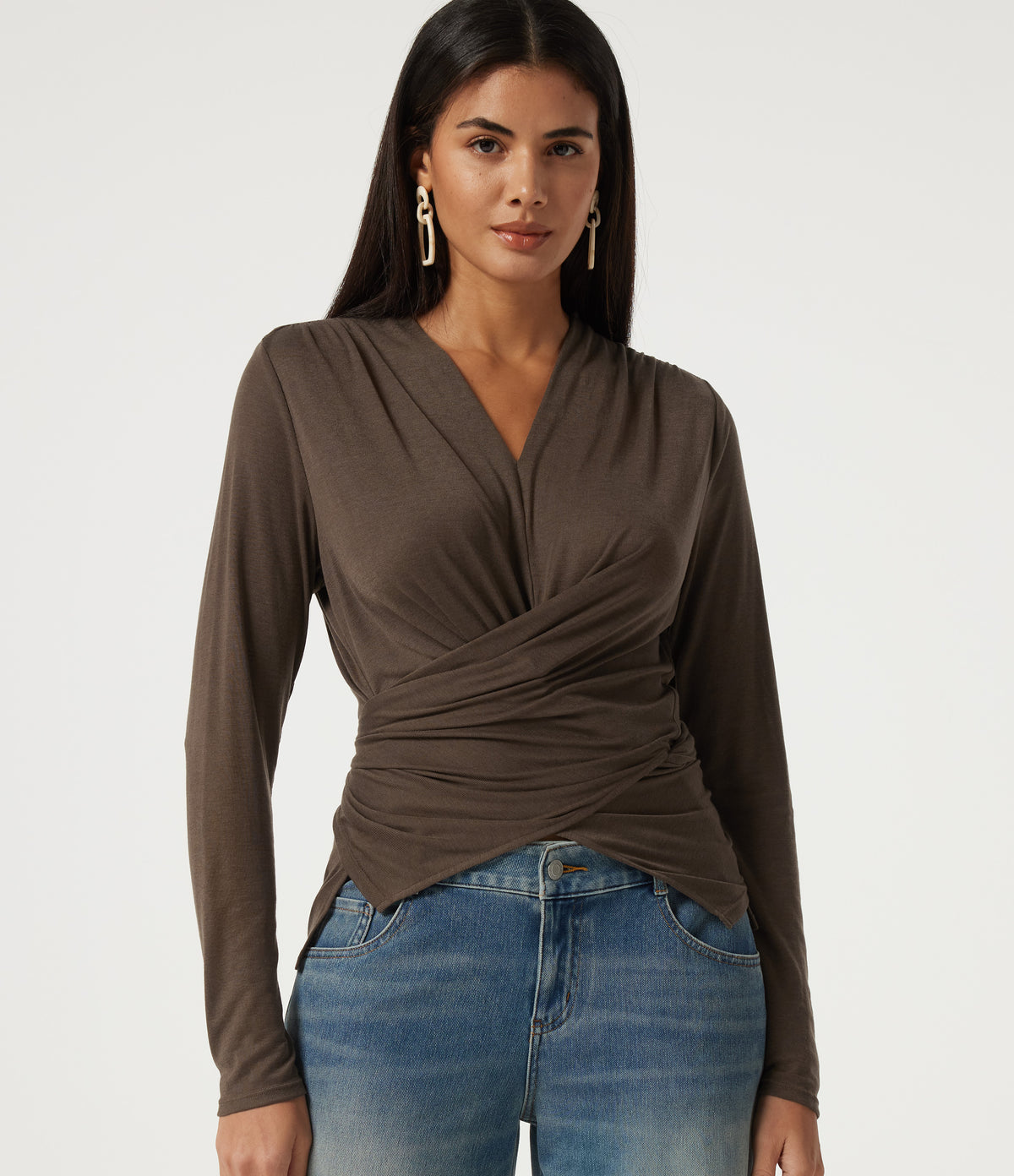 V Neck Long Sleeve Tie Back Crossover Hem Casual Top — Coffee Quartz — view 1