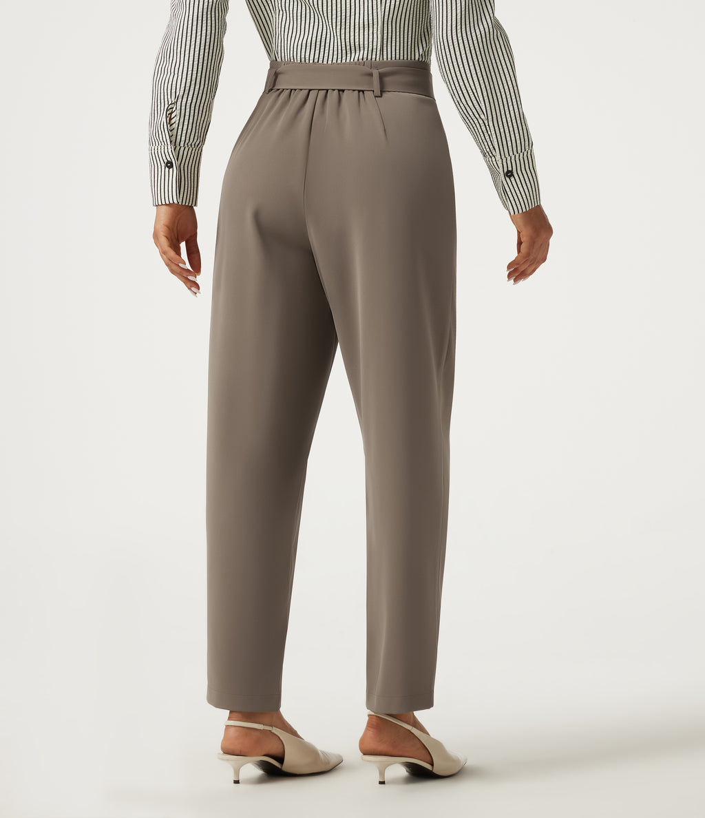 High Waisted Belted Tapered Work Trousers with Pockets — Birch Brown — view 2