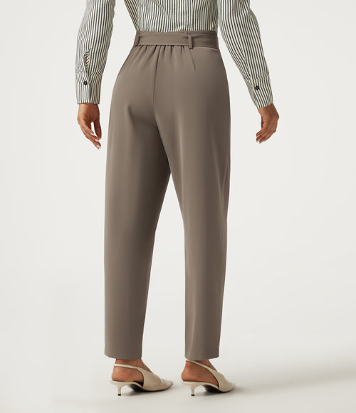 High Waisted Belted Tapered Work Trousers with Pockets — Birch Brown — view 2