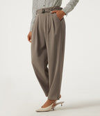 High Waisted Belted Tapered Work Trousers with Pockets — Birch Brown — view 3