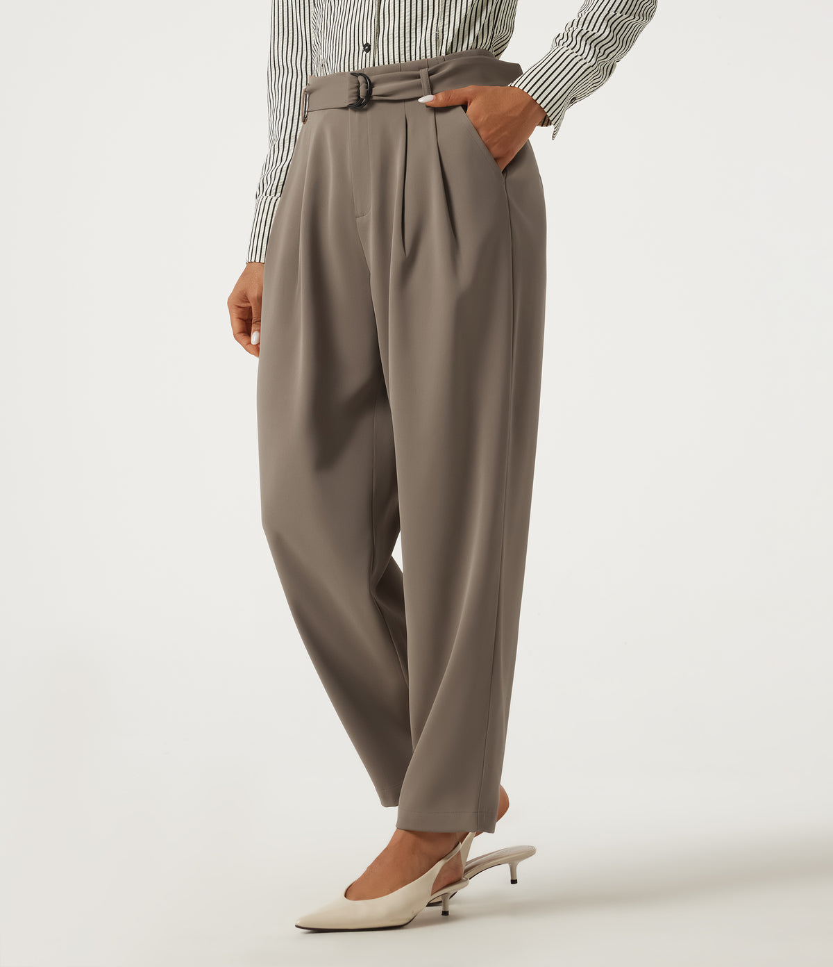 High Waisted Belted Tapered Work Trousers with Pockets — Birch Brown — view 3