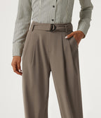 High Waisted Belted Tapered Work Trousers with Pockets — Birch Brown — view 4