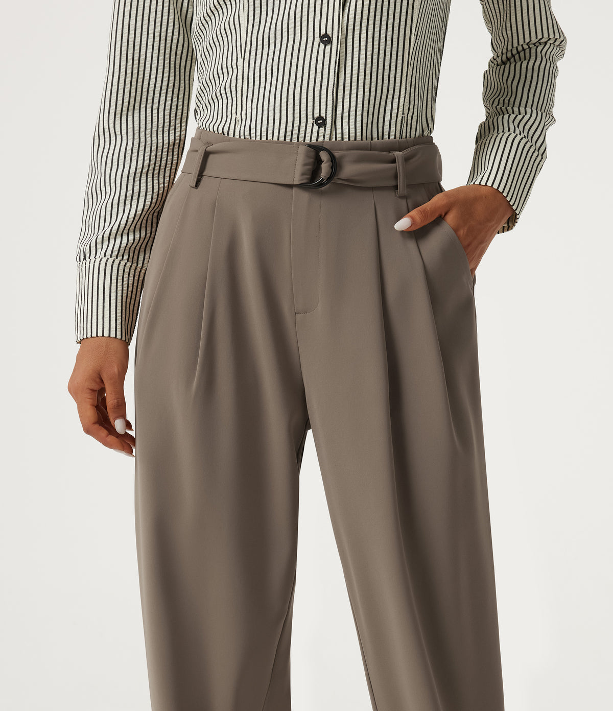High Waisted Belted Tapered Work Trousers with Pockets — Birch Brown — view 4