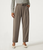 High Waisted Belted Tapered Work Trousers with Pockets — Birch Brown — view 1