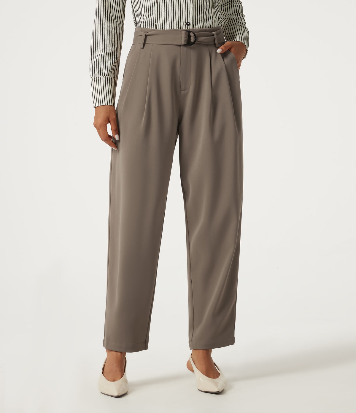 High Waisted Belted Tapered Work Trousers with Pockets — Birch Brown — view 1