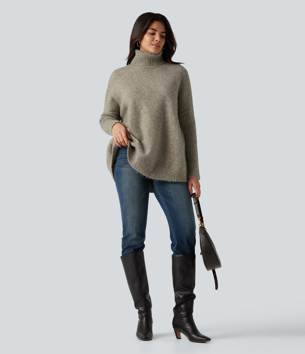 High Neck Long Sleeve Oversized Casual Jumper — Khaki Floral Yarn — view 7