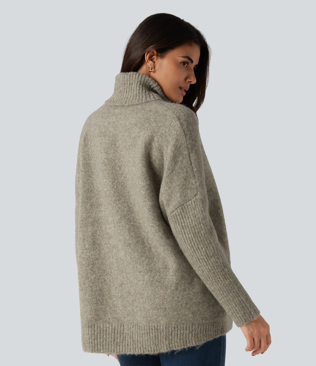 High Neck Long Sleeve Oversized Casual Jumper — Khaki Floral Yarn — view 2