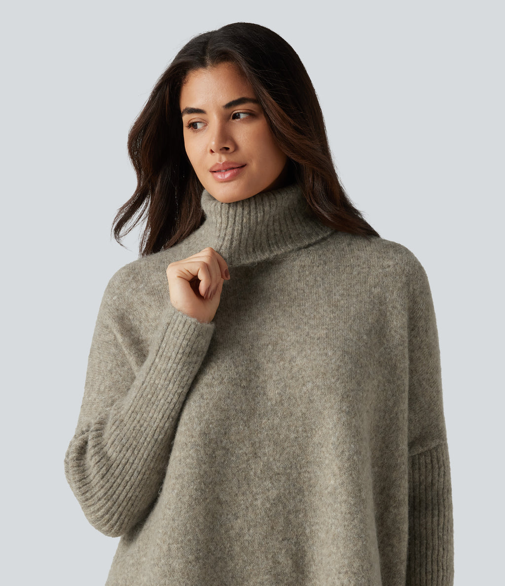 High Neck Long Sleeve Oversized Casual Jumper — Khaki Floral Yarn — view 5