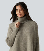 High Neck Long Sleeve Oversized Casual Jumper — Khaki Floral Yarn — view 5