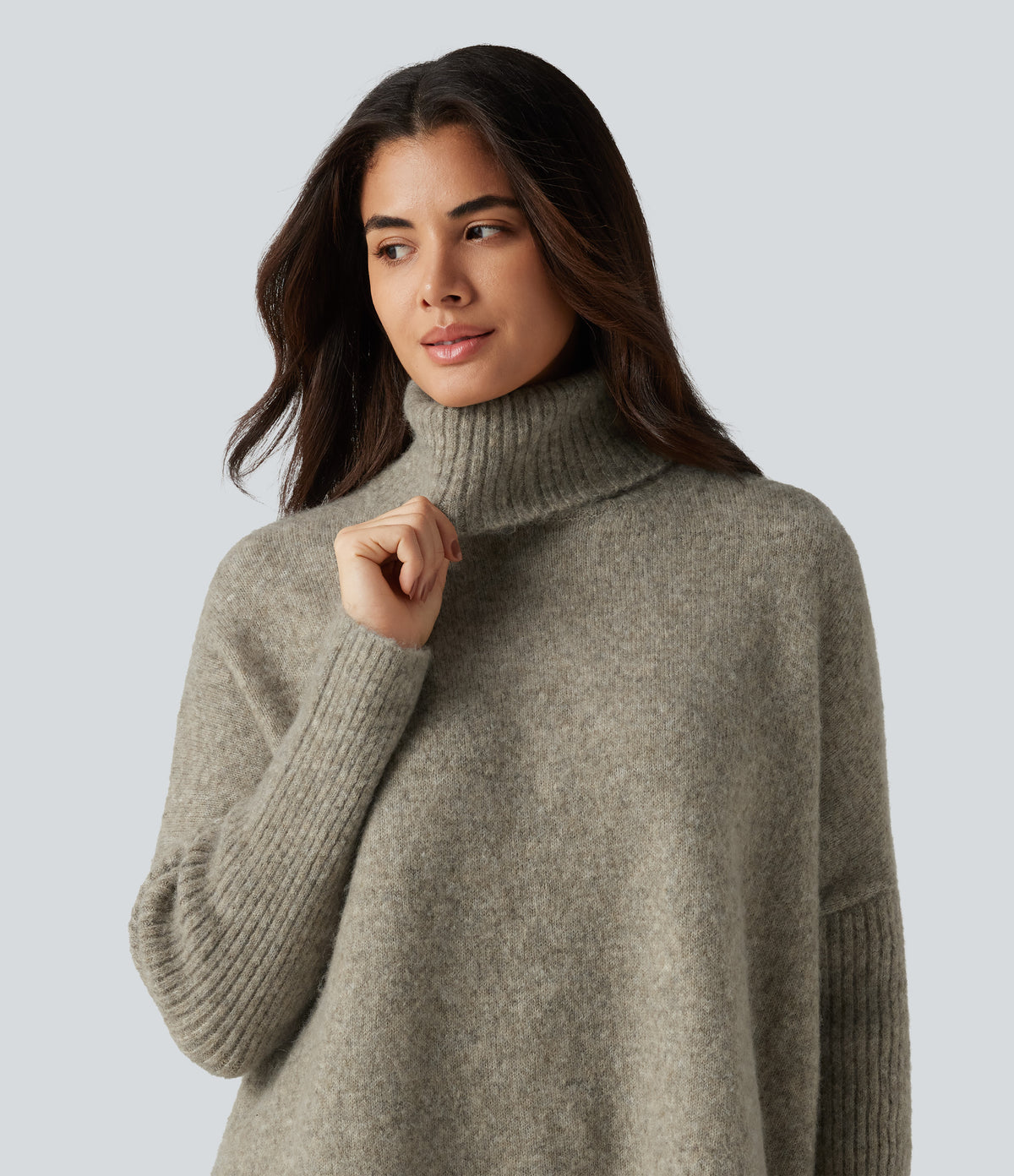 High Neck Long Sleeve Oversized Casual Jumper — Khaki Floral Yarn — view 5