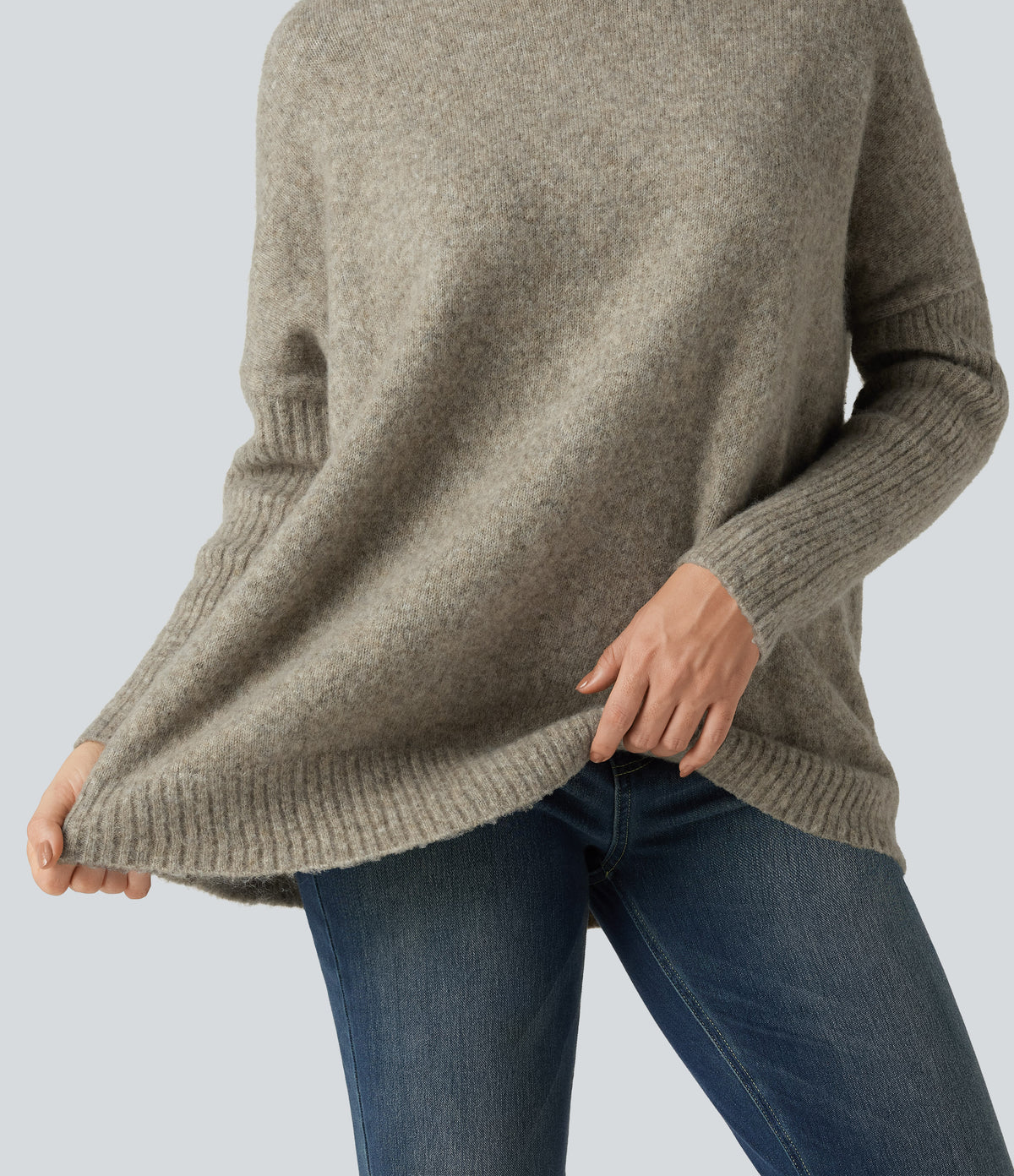 High Neck Long Sleeve Oversized Casual Jumper — Khaki Floral Yarn — view 6