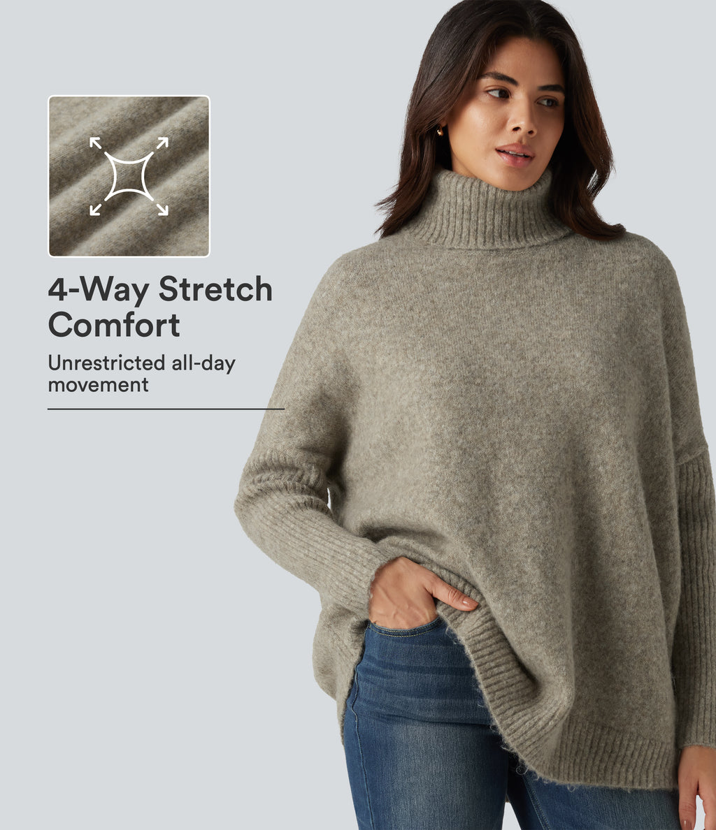 High Neck Long Sleeve Oversized Casual Jumper — Khaki Floral Yarn — view 1