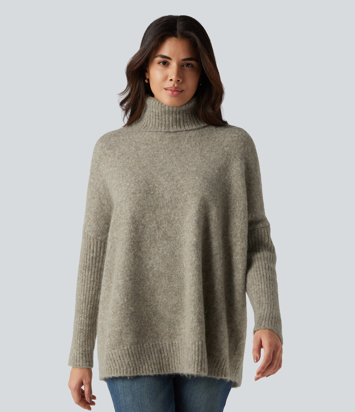High Neck Long Sleeve Oversized Casual Jumper — Khaki Floral Yarn — view 4