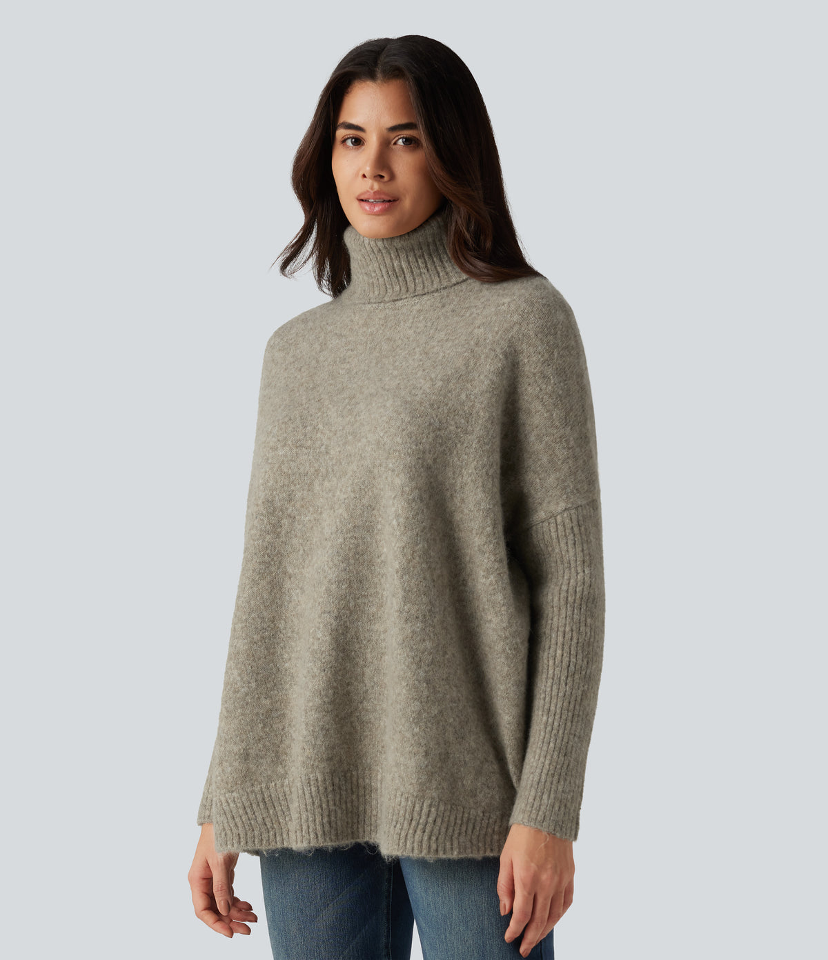 High Neck Long Sleeve Oversized Casual Jumper — Khaki Floral Yarn — view 3