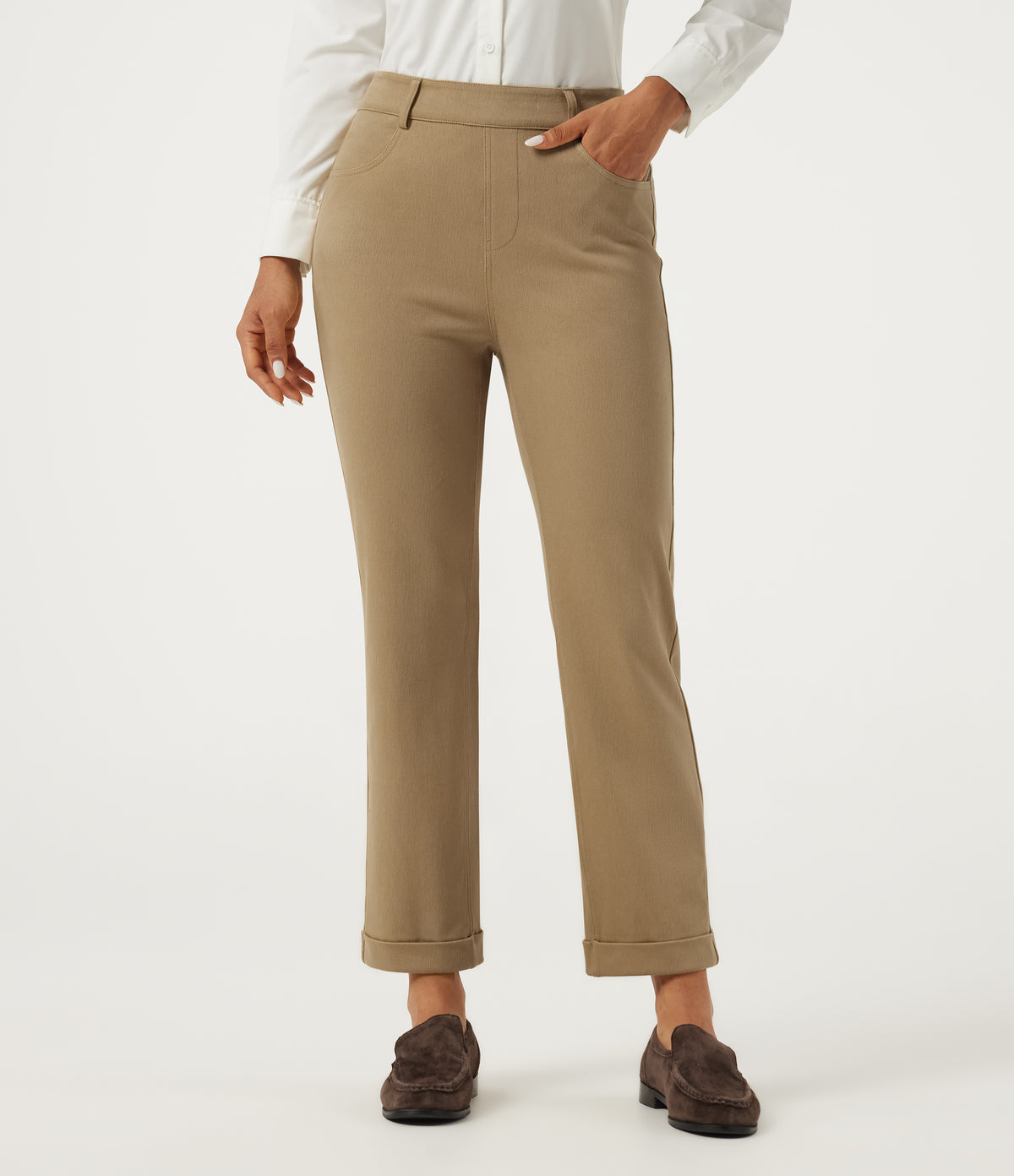 High Waisted Tapered Rolled Hem Work Cotton Trousers with Pockets — Starfish — view 1