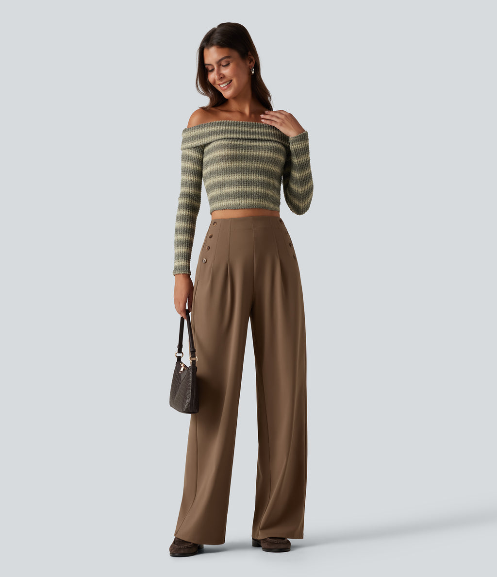 High Waisted Wide Leg Casual Trousers with Pockets — Sepia — view 8